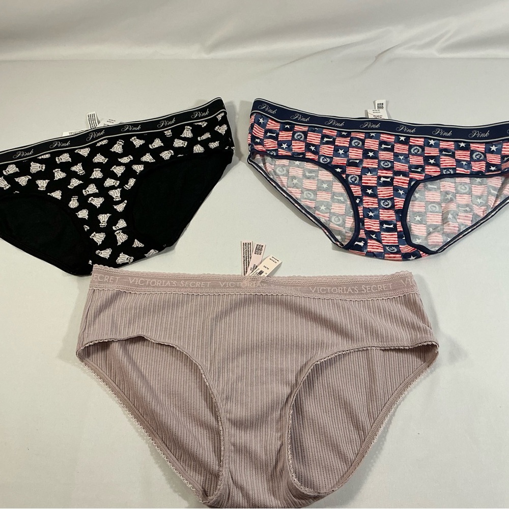 PINK Victoria's Secret Three-Pack Bikini Panties - Black, Navy, Taupe